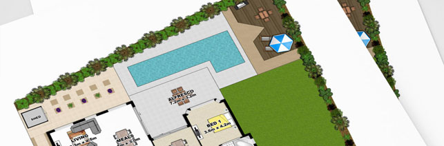 Marketing floor plan that includes landscaping